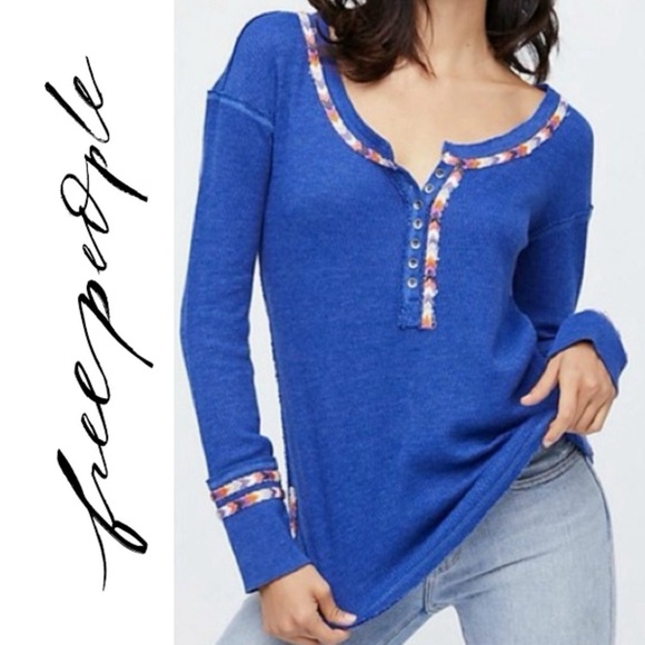 Free People Tops - FREE PEOPLE Royal Blue Embroidered Thermal Top Boho Casual Loungewear Size S